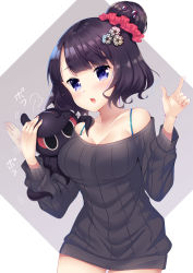 Rule 34 | 1girl, animal, black sweater, breasts, brown background, chestnut mouth, cleavage, commentary request, cowboy shot, fate/grand order, fate (series), fingernails, hair bun, hair ornament, hair scrunchie, hands up, head tilt, highres, index finger raised, katsushika hokusai (fate), ko yu, long sleeves, medium breasts, octopus, parted lips, patting, purple eyes, purple hair, red scrunchie, ribbed sweater, scrunchie, short hair, single hair bun, sweater, tokitarou (fate), two-tone background, white background