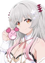 Rule 34 | 1girl, absurdres, blush, breasts, brown eyes, cleavage, closed mouth, collar, commentary request, detached collar, detached sleeves, flower, grey hair, hair flower, hair intakes, hair ornament, highres, holding, indie virtual youtuber, large breasts, long hair, looking at viewer, medium bangs, nava (ccjx65ax0igwpqk), neck ribbon, pink ribbon, ribbon, simple background, smile, solo, suou patra, upper body, virtual youtuber, white background, white collar, white flower, white sleeves