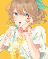 Rule 34 | 1girl, bad id, bad twitter id, bow, brown hair, drinking straw, fingernails, food, fruit, glass, green bow, green eyes, hair bow, head rest, jewelry, klasse14, lemon, lemon slice, looking at viewer, nail polish, necklace, parted lips, red nails, satsuki (miicat), shirt, short sleeves, simple background, solo, upper body, watch, white shirt, wristwatch, yellow background