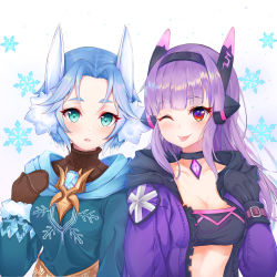 Rule 34 | 2girls, absurdres, animal ear fluff, animal ears, artist request, bad id, bad pixiv id, bandeau, black choker, black hairband, black mittens, blue hair, blue jacket, blush, breasts, brooch, brown mittens, brown sweater, challenger dominiel (epic seven), choker, cleavage, closed mouth, collarbone, commentary request, crop top, dominiel (epic seven), epic seven, hairband, hand up, head tilt, headgear, highres, hood, hooded jacket, jacket, jewelry, lebring, long hair, long sleeves, looking at viewer, medium breasts, mittens, multiple girls, one eye closed, open clothes, open jacket, parted bangs, parted lips, purple hair, purple jacket, ribbed sweater, short hair, side-by-side, sidelocks, smile, snowflakes, stomach, sweater, tongue, tongue out, turtleneck, turtleneck sweater, upper body, white background, zipper