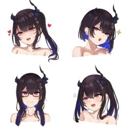 Rule 34 | 1girl, :o, alternate hairstyle, aquina art, asymmetrical horns, bare shoulders, bespectacled, black hair, blue hair, bob cut, braid, brown-framed eyewear, collarbone, colored inner hair, commentary, cosplay, cropped shoulders, crystal horns, demon horns, emergence (shindol), english commentary, eyelashes, frown, glasses, hair down, hair ornament, highres, hololive, hololive english, horn flower, horns, long hair, looking at viewer, mole, mole under eye, multicolored hair, nerissa ravencroft, red eyes, short hair, side ponytail, simple background, tassel, tassel hair ornament, twin braids, two-tone hair, uneven horns, variations, virtual youtuber, white background, yoshida saki, yoshida saki (cosplay)