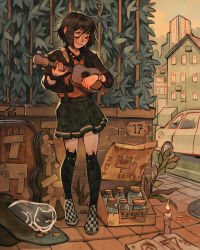 Rule 34 | 1girl, black hair, black thighhighs, blush, candle, car, closed eyes, closed mouth, green skirt, hair ornament, hairclip, highres, holding, holding instrument, instrument, instrument case, long sleeves, motor vehicle, original, outdoors, over-kneehighs, pleated skirt, short hair, simz, skirt, smile, solo, suitcase, thighhighs