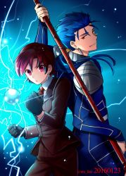 Rule 34 | 10s, 1boy, 1girl, 2016, armor, bazett fraga mcremitz, black gloves, blue background, blue hair, bodysuit, clenched hand, cowboy shot, cu chulainn (fate), cu chulainn (fate/stay night), dated, earrings, fate/hollow ataraxia, fate (series), formal, fragarach (fate), gae bolg (fate), gloves, grin, jewelry, long hair, looking at viewer, necktie, niu illuminator, orb, pant suit, pants, ponytail, red eyes, red hair, red necktie, serious, short hair, shoulder armor, smile, suit, twitter username