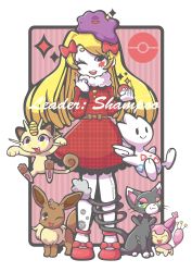 Rule 34 | 1girl, :3, blonde hair, bow, ditto, dress, eevee, fang, full body, gen 1 pokemon, glameow, hair bow, meowth, nail polish, one eye closed, open mouth, original, plaid, plaid dress, poke ball, pokemon, pokemon (creature), red eyes, red nails, shampoohat, skitty, smile, striped, striped background, togetic