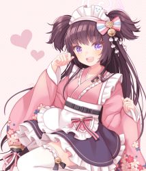 Rule 34 | 1girl, absurdres, apron, belt, black hair, blue archive, blush, breasts, commentary request, hair ornament, hair ribbon, halo, heart, highres, japanese clothes, long sleeves, looking at viewer, maid, maid headdress, mash112, open mouth, purple eyes, ribbon, shizuko (blue archive), simple background, solo, thighhighs, wa maid, white background, white thighhighs