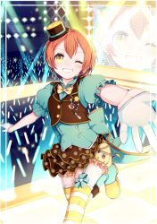 Rule 34 | 10s, 1girl, aqua shirt, audience, bad id, bad pixiv id, bloomers, bow, bowtie, food-themed ornament, garter straps, gloves, glowstick, grin, half gloves, hat, hoshizora rin, idol, looking at viewer, love live!, love live! school idol festival, love live! school idol project, ninahachi, one eye closed, orange hair, polka dot, polka dot skirt, puffy sleeves, shirt, shoes, short hair, short sleeves, skirt, smile, solo, stage, stage lights, striped clothes, striped thighhighs, thighhighs, underwear, vest, white gloves, wink, yellow eyes