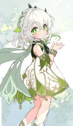 Rule 34 | 1girl, blush, closed mouth, crossed bangs, cupping hands, detached sleeves, dress, genshin impact, green dress, green eyes, green hair, green sleeves, hair between eyes, hair ornament, highres, long hair, looking at viewer, multicolored hair, nahida (genshin impact), own hands together, pointy ears, ponytail, rono (iwant ab), side ponytail, sleeveless, sleeveless dress, smile, solo, white dress