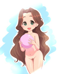 Rule 34 | 1girl, ball, brown hair, brown pubic hair, completely nude, cowboy shot, female focus, female pubic hair, forehead, green eyes, highres, holding, holding ball, idolmaster, idolmaster cinderella girls, kusakabe wakaba, blue background, light blush, long hair, nude, open mouth, parted bangs, pubic hair, shadow, simple background, smile, solo, standing, thick eyebrows, thighs, very long hair, wavy hair