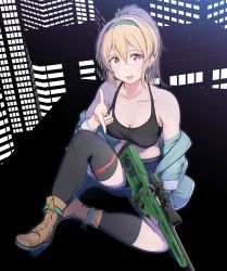 Rule 34 | 1girl, absurdres, ankoiri, bare shoulders, blonde hair, bolt action, boots, bow, breasts, building, cleavage, finger gun, full body, girls&#039; frontline, gun, hair bow, hairband, highres, holding, holding gun, holding weapon, long hair, looking at viewer, medium breasts, off shoulder, open mouth, orange eyes, ponytail, rifle, sitting, sniper rifle, solo, sv-98, sv-98 (girls&#039; frontline), tank top, thighhighs, weapon