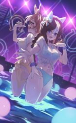 Rule 34 | 2girls, animal ears, bikini, bikini under clothes, blue bikini, blush, braid, braided ponytail, breasts, brown hair, copano rickey (umamusume), diffraction spikes, fang, gaze on me! outfit (umamusume), hand up, hat, highres, hokko tarumae (umamusume), horse ears, long hair, looking at viewer, medium breasts, multicolored hair, multiple girls, navel, open mouth, outstretched arm, scrunchie, see-through, see-through shirt, shirt, short sleeves, smile, stage lights, standing, swimsuit, tied shirt, two-tone hair, umamusume, wading, water, white shirt, wrist scrunchie, yakousei a, yellow bikini