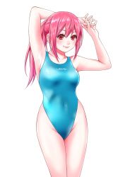 Rule 34 | 1girl, absurdres, arms up, blue one-piece swimsuit, breasts, cloud, competition swimsuit, covered navel, cowboy shot, highleg, highleg swimsuit, highres, long hair, looking at viewer, macosee, one-piece swimsuit, original, ponytail, red eyes, red hair, simple background, small breasts, solo, standing, swimsuit, white background