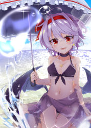 Rule 34 | 1girl, ahoge, akisome hatsuka, alternate costume, alternate headwear, arm up, bare arms, bare shoulders, bat wings, beach, bikini, black bikini, black choker, blurry, blurry background, blurry foreground, breasts, choker, collarbone, commentary request, crescent, crescent earrings, day, earrings, fang, fisheye, front-tie top, glint, hair between eyes, hair ribbon, head tilt, holding, holding umbrella, horizon, in water, jewelry, looking at viewer, navel, necklace, ocean, open mouth, outdoors, purple hair, red eyes, remilia scarlet, ribbon, sarong, seiza, short hair, sitting, small breasts, solo, star (symbol), star necklace, swimsuit, touhou, umbrella, water drop, wings