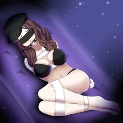 Rule 34 | 1girl, arms behind back, ass, bare shoulders, bdsm, black background, black bra, black hat, black panties, blindfold, bondage, bound, bra, breasts, brown hair, cleavage, collarbone, dankestofdans, dorothea arnault, feet, female focus, fire emblem, fire emblem: three houses, gag, gagged, gold trim, hat, highres, huge ass, intelligent systems, large breasts, lips, long hair, lying, navel, nintendo, o-ring, panties, pink lips, purple background, ring gag, shiny clothes, shiny skin, solo, strap, teeth, thick thighs, thighs, tongue, tongue out, underwear, underwear only, upper teeth only, very long hair