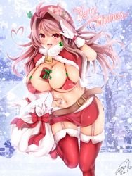 Rule 34 | 1girl, 2018, ahoge, bell, belt, between breasts, blush, breasts, christmas, cleavage, dated, earrings, garter straps, gift, gloves, hair intakes, hat, heart, heart hair, highres, huge breasts, jewelry, jotti, long hair, looking at viewer, merry christmas, microskirt, navel, open mouth, original, outdoors, red eyes, red hair, reimusan (jotti), salute, santa costume, signature, skindentation, skirt, smile, solo, standing, thighhighs
