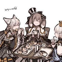 Rule 34 | 3girls, arch bishop (ragnarok online), black dress, black headwear, black ribbon, blue dress, chair, closed eyes, closed mouth, commentary request, cone hair bun, cowboy shot, cross, crown, cup, doughnut, dress, drinking straw, drinking straw in mouth, eating, food, frilled dress, frilled sleeves, frills, hair between eyes, hair bun, hair ribbon, holding, holding cup, kusabi (aighe), long bangs, mini crown, multiple girls, official alternate costume, open mouth, ragnarok online, ribbon, simple background, smile, striped clothes, striped headwear, table, two-tone dress, white background, white dress, white headwear