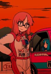 Rule 34 | 2girls, alternate costume, bespectacled, black clouds, blue gloves, blue hair, car, choro-q, closed mouth, cloud, commentary request, cowboy shot, evening, glasses, gloves, hand on own hip, jumpsuit, kotonoha akane, kotonoha aoi, light blush, long hair, looking at viewer, low-tied sidelocks, motor vehicle, mountainous horizon, multiple girls, nisaka, orange sky, outdoors, race vehicle, racecar, racing suit, red gloves, siblings, sidelocks, sisters, sky, smile, smirk, standing, v-shaped eyebrows, voiceroid, waving