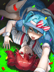 Rule 34 | + +, 2girls, aqua eyes, aqua hair, back bow, black necktie, blue dress, blue shirt, blue visor, bow, bright pupils, collared shirt, commentary, confetti, cowboy shot, day, diagonal-striped bow, dress, drill hair, feet out of frame, fingernails, foreshortening, girl on top, grass, grin, hair between eyes, hair intakes, hand out of frame, hatsune miku, highres, kasane teto, long hair, looking at viewer, lying, medium hair, mesmerizer (vocaloid), multiple girls, necktie, on back, on grass, on person, open mouth, outdoors, puffy short sleeves, puffy sleeves, reaching, reaching towards viewer, red bow, red eyes, red hair, red suspenders, selfie, shaded face, shiraki (y aira srk), shirt, short sleeves, sidelocks, smile, striped clothes, striped dress, striped shirt, sweat, twin drills, twintails, two-tone bow, two-tone shirt, utau, vertical-striped clothes, vertical-striped dress, vertical-striped shirt, vocaloid, white bow, white pupils, white shirt, white wristband