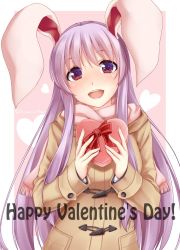 Rule 34 | 1girl, :d, alternate costume, animal ears, box, candy, chocolate, chocolate heart, coat, contemporary, duffel coat, food, happy valentine, heart, heart-shaped box, hisae (hisae collect), long hair, open mouth, purple hair, rabbit ears, red eyes, reisen udongein inaba, ribbon, scarf, smile, solo, touhou, valentine, very long hair