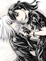 Rule 34 | 2girls, black dress, black gloves, commentary request, dress, fangs, gloves, highres, holding hands, interlocked fingers, long hair, long sleeves, looking at another, medium hair, multiple girls, original, parted lips, short sleeves, takekawa shin, twintails, upper body, white hair, yuri
