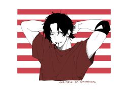Rule 34 | 1boy, arms behind head, black eyes, black hair, bright pupils, commentary request, elbow pads, hair tie, hair tie in mouth, highres, male focus, mouth hold, nata kokone, one piece, portgas d. ace, red shirt, shirt, short hair, short sleeves, solo, striped, striped background, twitter username, two-tone background, upper body, white pupils