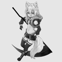Rule 34 | 1girl, animal ears, blush, boots, breasts, cropped jacket, cross-laced footwear, detached sleeves, dog ears, dog girl, dog tail, fang, fur-trimmed jacket, fur trim, gloves, greyscale, hair between eyes, holding, holding scythe, holding weapon, jacket, lace-up boots, looking at viewer, medium hair, monochrome, nyifu, open mouth, original, scythe, small breasts, smile, solo, tail, thighhighs, underboob, weapon