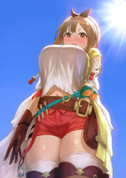 Rule 34 | 1girl, atelier (series), atelier ryza, atelier ryza 1, backlighting, belt, blue belt, blue sky, blush, boots, breasts, brown belt, brown eyes, brown footwear, brown gloves, brown hair, clover hair ornament, day, flask, from below, gloves, hair ornament, hairclip, hat, highres, hip vent, jacket, large breasts, leather, leather belt, leather gloves, legs together, looking at viewer, navel, nhaliz, nose blush, pouch, red shorts, reisalin stout, round-bottom flask, short shorts, shorts, sky, solo, thigh pouch, thighhighs, thighhighs under boots, thighs, vial, white hat, yellow jacket