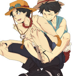 Rule 34 | 2boys, black footwear, blue vest, boots, brothers, carrying, chin cord, freckles, fur trim, hand on headwear, happy, hat, hug, male focus, miya (24toys), monkey d. luffy, multiple boys, one piece, piggyback, portgas d. ace, red shorts, sad face, sandals, scar, shoes, shorts, shueisha, siblings, simple background, smiley, squatting, stampede string, straw hat, topless male, vest