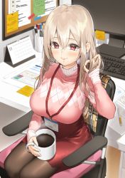 Rule 34 | 1girl, blush, breasts, bulletin board, calendar (object), chair, closed mouth, coffee, coffee mug, commentary request, cup, desk, highres, holding, holding cup, id card, keyboard (computer), lanyard, large breasts, long hair, looking at viewer, marker, monitor, mug, office chair, office lady, original, pantyhose, paper, pen, pen holder, pencil skirt, pink lips, pink sweater, platinum blonde hair, ran s200, red eyes, red skirt, scarf, sitting, skirt, smile, sticky note, sweater, swivel chair