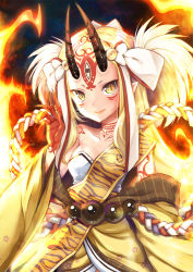 Rule 34 | 1girl, altoseneka, bare shoulders, blonde hair, claws, collarbone, fate/grand order, fate (series), female focus, fire, horns, ibaraki douji (fate), japanese clothes, kimono, long hair, looking at viewer, monster girl, off shoulder, oni, oni horns, pointy ears, short kimono, smile, solo, tattoo, wide sleeves, yellow eyes, yellow kimono
