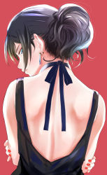 Rule 34 | 1girl, absurdres, back, back focus, backless dress, backless outfit, black dress, black hair, blue eyes, closed mouth, commentary, crossed arms, dress, earrings, from behind, half-closed eyes, highres, jewelry, looking at viewer, looking back, nail polish, original, oze (xyz go go11), red background, red nails, short hair, short ponytail, simple background, solo, standing