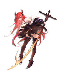 Rule 34 | 1girl, absurdres, arknights, bare shoulders, black dress, black footwear, black thighhighs, breasts, cleavage, commentary request, dress, full body, hair between eyes, high heels, highres, holding, holding sword, holding weapon, horns, left-handed, liu liaoliao, long hair, looking at viewer, medium breasts, off shoulder, purple eyes, red hair, short dress, simple background, solo, surtr (arknights), sword, thighhighs, thighs, very long hair, weapon, white background
