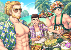 Rule 34 | abs, absurdres, apron, bara, beard, blonde hair, blue eyes, buzz cut, chair, chef hat, chicken (food), choji (gyee), closed eyes, cloud, cloudy sky, coconut, collared shirt, crab, drink, facial hair, food, fruit, gyee, hat, highres, kusakyuu, large pectorals, long hair, looking at viewer, male focus, manly, mature male, mike (gyee), mountain, muscular, muscular male, nipples, ocean, open clothes, open shirt, outdoors, palm tree, pectorals, peter (gyee), pineapple, plate, rainbow, rice, sauce, seafood, shirt, short hair, sky, smile, spiked hair, sunglasses, t-shirt, table, tree, very short hair, water