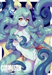 Rule 34 | 1girl, blush, breasts, colored skin, commission, cookie hana, eyeshadow, green skin, grin, highres, looking at viewer, makeup, monster girl, navel, original, parted lips, red eyes, red eyeshadow, small breasts, smile, solo, teeth, tentacles