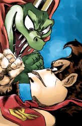 Rule 34 | 2boys, bloodshot eyes, blue background, cape, clenched hand, cosmicam, crocodile, crocodilian, crown, derivative work, donkey kong, donkey kong (series), donkey kong country, evil smile, eye contact, fangs, gorilla, highres, jojo no kimyou na bouken, king k. rool, looking at another, male focus, comic panel redraw, multiple boys, necktie, nintendo, parody, red cape, simple background, sketch, smile, stardust crusaders, style parody, super smash bros.