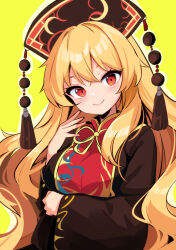 Rule 34 | 1girl, black dress, black headwear, blonde hair, blush, chinese clothes, closed mouth, dress, hair between eyes, harakune (mugennero), junko (touhou), long hair, long sleeves, looking at viewer, phoenix crown, red eyes, simple background, smile, solo, tabard, touhou, upper body, wide sleeves, yellow background