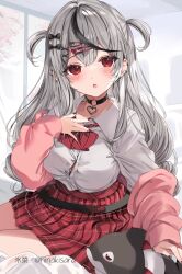 Rule 34 | 1girl, black choker, black hair, blush, bow, bowtie, breasts, cardigan, choker, commentary request, ear piercing, grey hair, hair ornament, hairclip, hand on own chest, heart pendant, highres, hololive, large breasts, long hair, long sleeves, looking at viewer, multicolored hair, o-ring, o-ring choker, off shoulder, open mouth, piercing, pink cardigan, plaid, plaid skirt, pleated skirt, red bow, red bowtie, red eyes, red nails, red skirt, sakamata chloe, school uniform, shirt, shirt tucked in, skirt, solo, soraneko hino, streaked hair, twitter username, two side up, virtual youtuber, white shirt, x hair ornament
