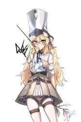 Rule 34 | 1girl, absurdres, arm behind back, artist name, blonde hair, blush, breasts, brown dress, closed mouth, commission, dogs (dlrkdejr26), dress, feet out of frame, flower, girls&#039; frontline, grey eyes, hair ribbon, hat, highres, holding, holding flower, holding wand, kolibri (girls&#039; frontline), korean commentary, leggings, long hair, long sleeves, looking at viewer, ribbon, small breasts, solo, standing, wand, white background, white hat, white leggings