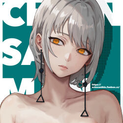 Rule 34 | bare shoulders, chainsaw man, earrings, expressionless, fami (chainsaw man), grey hair, guchapin, head tilt, highres, jewelry, medium hair, mole, mole under eye, mole under mouth, nude, ringed eyes, yellow eyes