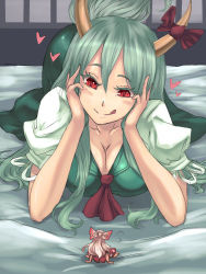 Rule 34 | 2girls, :q, bed, bow, breasts, cleavage, ex-keine, female focus, fujiwara no mokou, giant, giantess, green hair, hair bow, heart, height difference, horns, kamishirasawa keine, large breasts, licking lips, long hair, lying, mini person, minigirl, multiple girls, red eyes, ribbon, tongue, tongue out, touhou, utopia, white hair