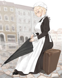 Rule 34 | 1girl, apron, black dress, black footwear, black umbrella, blonde hair, city, closed mouth, dress, elliot (throtem), expressionless, from side, grey eyes, grey sky, hair between eyes, hat, highres, holding, holding umbrella, house, juliet sleeves, long dress, long sleeves, maid, mob cap, original, outdoors, paid reward available, puffy sleeves, sitting, sky, solo, suitcase, throtem, umbrella, victorian maid, white apron