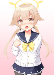 Rule 34 | 1girl, black pantyhose, blue archive, blush, collarbone, commentary request, hair between eyes, hifumi (blue archive), light brown hair, long hair, looking at viewer, low twintails, open mouth, pantyhose, ribbon, school uniform, simple background, solo, tokyo yamane, twintails, yellow eyes
