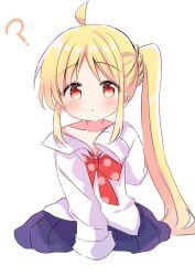 Rule 34 | ?, ahoge, bare shoulders, blonde hair, blush, bocchi the rock!, bow, bowtie, breasts, brown eyes, collarbone, commentary, confused, eyebrows hidden by hair, hair ornament, hair scrunchie, hand up, highres, ijichi nijika, long hair, long sleeves, looking at viewer, nanami ayane (kusunoki5050), neck ribbon, on ground, one side up, parted lips, pleated skirt, polka dot, polka dot bow, puffy sleeves, purple skirt, red bow, red bowtie, ribbon, scrunchie, seiza, shirt, side ponytail, sidelocks, sitting, skirt, sleeves past fingers, sleeves past wrists, small breasts, spoken question mark, very long hair, wariza, white background, white shirt
