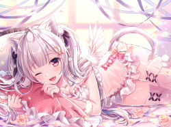 Rule 34 | 1girl, ;d, ahoge, animal ear fluff, animal ears, bed sheet, black ribbon, blurry, blurry background, blush, breasts, cat ears, cat girl, cat tail, cleavage, commentary request, crescent, crescent hair ornament, depth of field, fang, feathered wings, flower, frilled pillow, frills, hair ornament, hair ribbon, lingerie, long hair, looking at viewer, low wings, lying, medium breasts, mini wings, nail polish, negligee, nemuri nemu, on side, one eye closed, open mouth, original, pillow, pillow grab, red eyes, red nails, ribbon, rose, see-through, silver hair, smile, solo, tail, thighhighs, underwear, very long hair, white ribbon, white thighhighs, white wings, window, wings, yellow flower, yellow rose