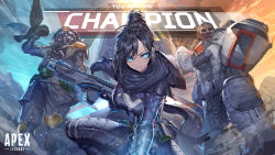 Rule 34 | 1girl, 2boys, animification, apex legends, arm up, armor, assault rifle, bandaged arm, bandages, belt, bird, black hair, bloodhound (apex legends), blue eyes, breasts, commentary request, crow, dark-skinned male, dark skin, electricity, from below, game cg, gas mask, gibraltar (apex legends), gloves, goggles, gun, hair bun, heirou, highres, holding, holding gun, holding weapon, in-universe location, light rays, looking at viewer, mask, medium breasts, mouth mask, multiple boys, outdoors, parted bangs, rifle, rock, scarf, shield, short hair, single hair bun, sky, standing, utility belt, weapon, wraith (apex legends)