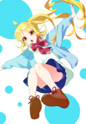 Rule 34 | 1girl, absurdres, ahoge, blonde hair, blue jacket, blue skirt, bocchi the rock!, boots, bow, bowtie, brown footwear, full body, green shirt, highres, ijichi nijika, jacket, long hair, long sleeves, midair, open mouth, orange eyes, outstretched arms, parted bangs, polka dot, polka dot background, red bow, red bowtie, sailor collar, shirt, side ponytail, skirt, solo, spread arms, tochi keisuke, very long hair