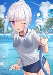 Rule 34 | 1girl, ;d, blue hair, blue sky, blunt bangs, bush, cloud, dated, day, fence, gym shirt, highres, hirota fruit, holding, holding hose, hose, lize helesta, multicolored hair, nijisanji, one eye closed, open mouth, outdoors, ponytail, pool, see-through, shirt, short sleeves, sidelocks, silver hair, sky, smile, solo, sparkle, streaked hair, swimsuit, swimsuit under clothes, two-tone hair, virtual youtuber, water, wet, wet clothes, white shirt, wringing clothes