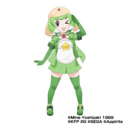 Rule 34 | 1girl, bow, bowtie, copyright notice, elbow gloves, gloves, green eyes, green hair, green jacket, hat, jacket, kemono friends, kemono friends 3, keroro (kemono friends), keroro gunsou, kneehighs, looking at viewer, official art, one eye closed, open mouth, ribbon, shirt, shoes, short hair, simple background, skirt, socks, solo, star (symbol), tachi-e, white shirt, yoshizaki mine (style)