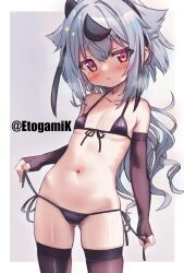 Rule 34 | 1girl, bikini, bikini pull, black bikini, black gloves, black thighhighs, blush, breasts, clothes pull, elbow gloves, etogami kazuya, fingerless gloves, gloves, gluteal fold, grey hair, groin, highres, long hair, meika mikoto, multicolored hair, navel, pulling own clothes, red eyes, side-tie bikini bottom, small breasts, solo, stomach, streaked hair, swimsuit, thighhighs, thighs, vocaloid