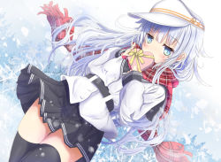 Rule 34 | 1girl, aruka (alka p1), belt, black skirt, black thighhighs, blue eyes, box, flat cap, hammer and sickle, hat, heart-shaped box, hibiki (kancolle), kantai collection, long hair, outdoors, pleated skirt, red scarf, scarf, school uniform, silver hair, skirt, solo, star (symbol), thighhighs, verniy (kancolle), white hat