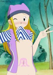Rule 34 | 1girl, absurdres, blonde hair, blush, breasts, clothes pull, digimon, digimon frontier, green eyes, hat, highres, holding, holding clothes, long hair, navel, one eye closed, orimoto izumi, purple vest, shirt, small breasts, smile, solo, striped clothes, striped shirt, tattoo on belly, underboob, v, vest